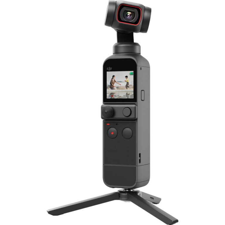 DJI Pocket 2 Creator Combo on tripod, compact video camera for vlogging and filmmaking.