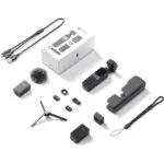 DJI Pocket 2 Creator Combo with accessories including tripod, microphone, and cables.