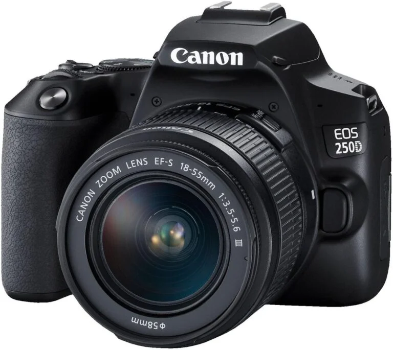 Canon EOS 250D DSLR camera with 18-55mm lens, available at Camix UK.