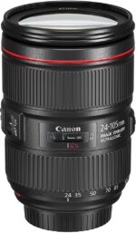 Canon 24-105mm IS II lens with image stabilizer, ideal for DSLR and mirrorless cameras.