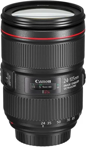 Canon 24-105mm IS II lens with image stabilizer, ideal for DSLR and mirrorless cameras.
