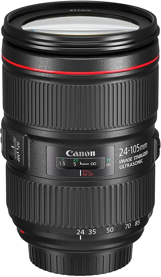 Canon 24-105mm IS II lens with image stabilizer, ideal for DSLR and mirrorless cameras.