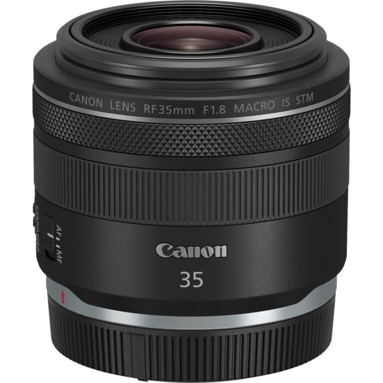 Canon RF 35mm lens with cap, ideal for mirrorless cameras and photography gear.