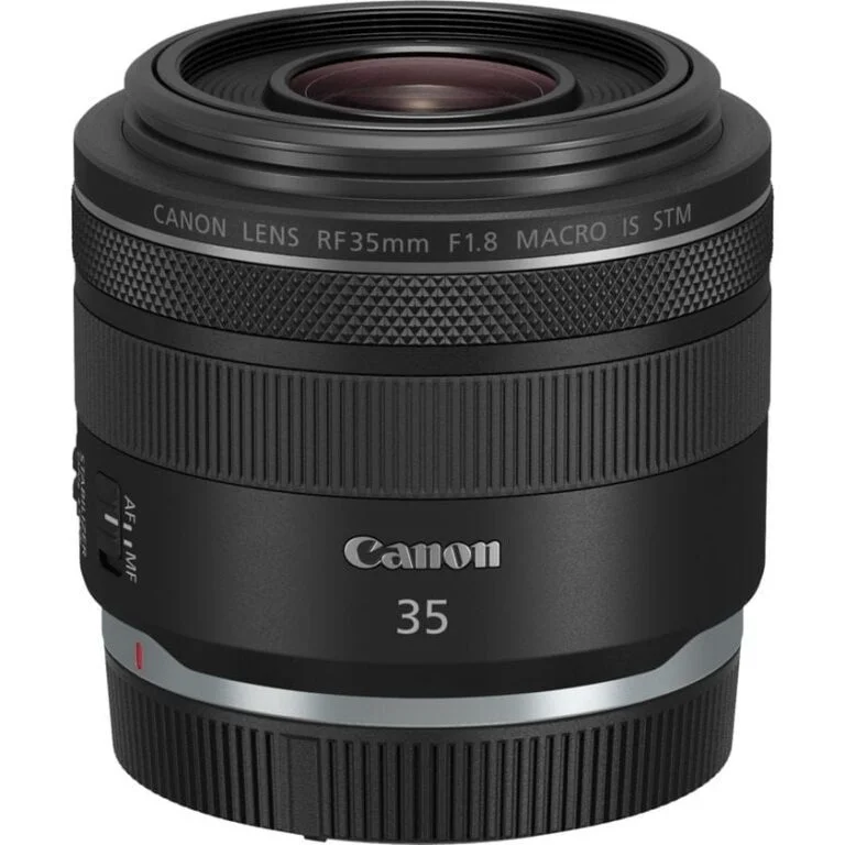 Canon RF 35mm lens with cap, ideal for mirrorless cameras and photography gear.