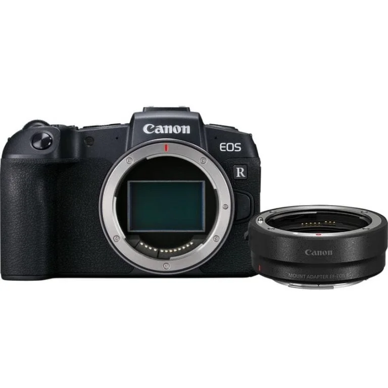 Canon EOS RP camera body with mount adapter, ideal for mirrorless photography.