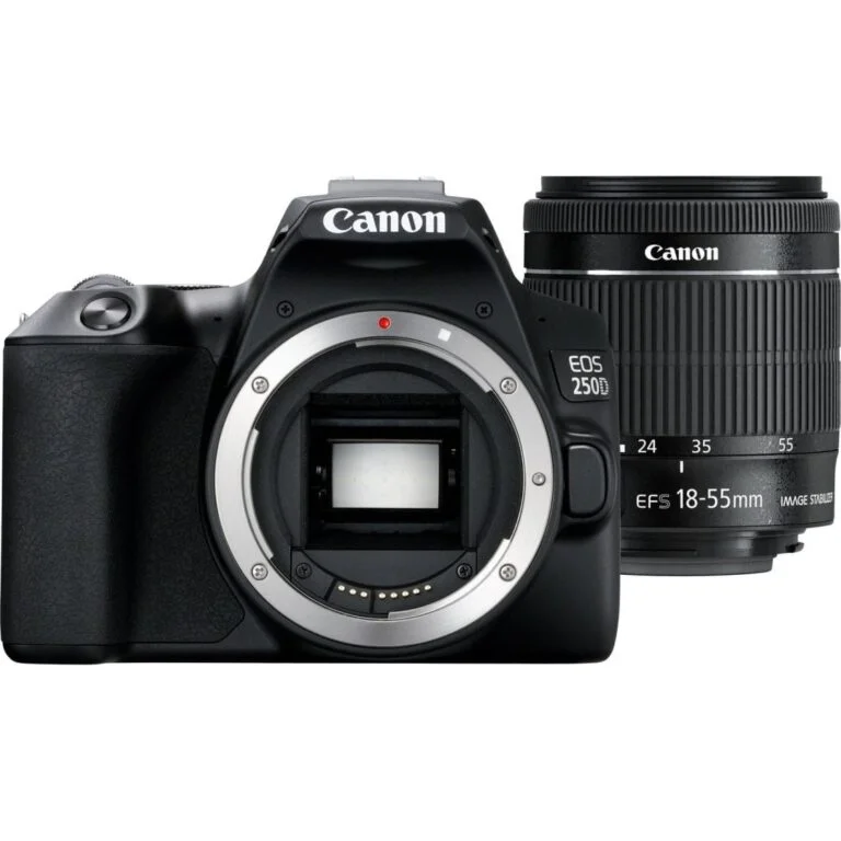 Canon EOS 250D camera body with 18-55mm lens, ideal for photography enthusiasts.