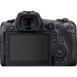 Back view of a Canon EOS R5 mirrorless camera body with LCD screen and controls.