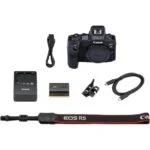 Canon EOS R5 camera body with accessories including charger, battery, and strap.