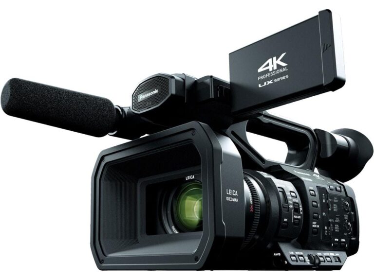 Panasonic 4K professional camcorder with Leica lens and microphone, ideal for video production.