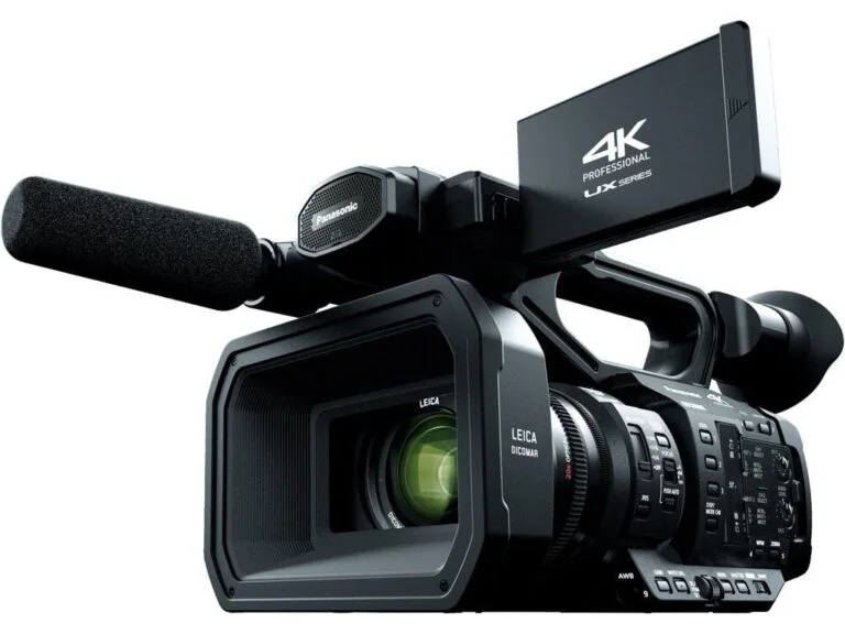Panasonic 4K professional camcorder with Leica lens and microphone, ideal for video production.