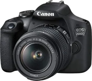 Canon EOS 2000D DSLR camera with 18-55mm lens, ideal for photography enthusiasts.