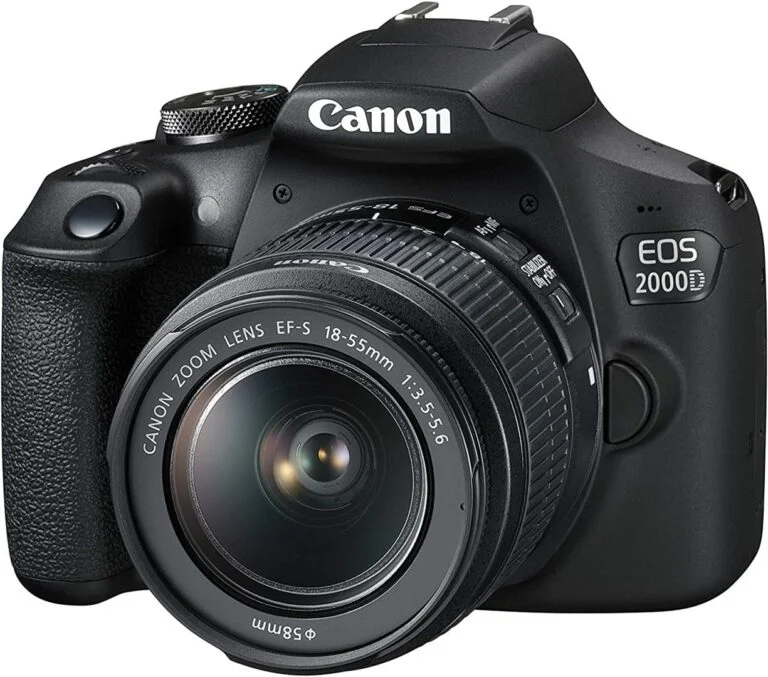Canon EOS 2000D DSLR camera with 18-55mm lens, ideal for photography enthusiasts.