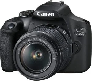 Canon EOS 2000D DSLR camera with 18-55mm lens, ideal for photography enthusiasts.