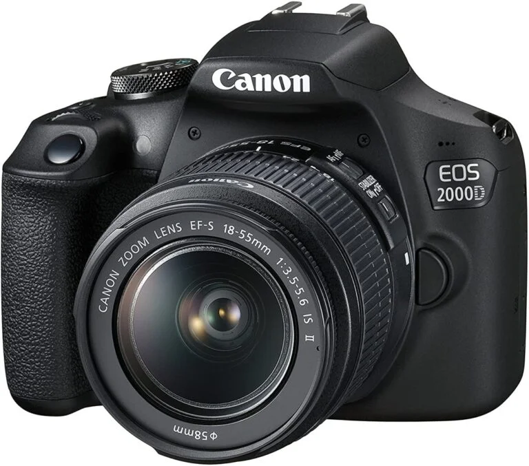 Canon EOS 2000D DSLR camera with 18-55mm lens, ideal for photography enthusiasts.