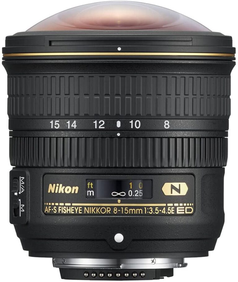 Nikon AF-S Fisheye Nikkor 8-15mm F3.5-4.5E ED lens, ideal for wide-angle photography.