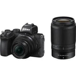 Nikon Z50 camera with 16-50mm and 50-250mm lenses, available at Camix UK.
