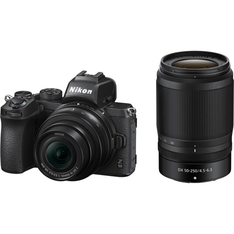 Nikon Z50 camera with 16-50mm and 50-250mm lenses, available at Camix UK.