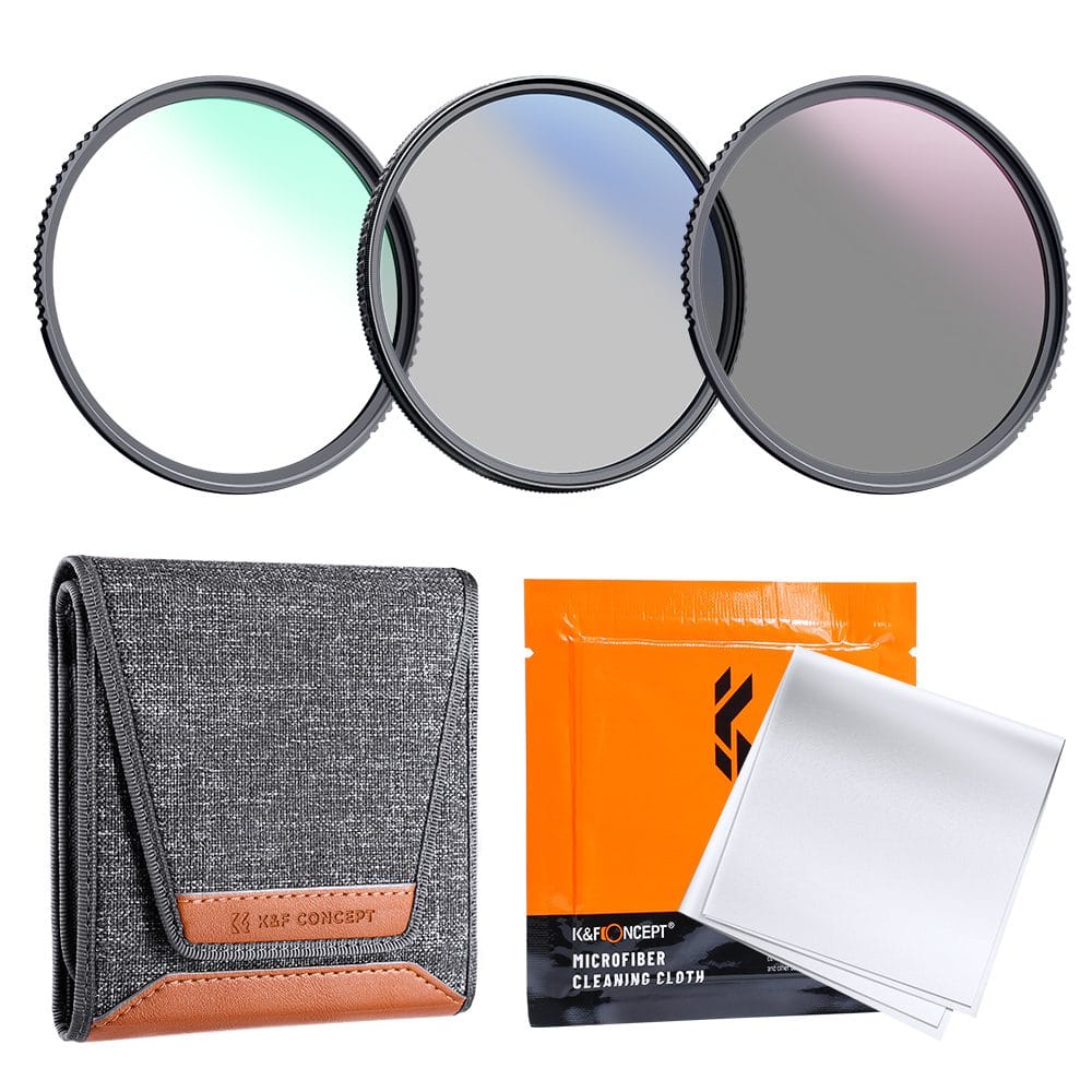 K&F Concept camera lens filters set with pouch and cleaning cloth.