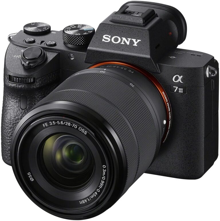 Sony Alpha 7 III mirrorless camera with 28-70mm lens, available at Camix UK.