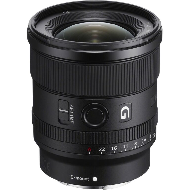 Sony FE 20mm f/1.8 G lens for E-mount cameras, ideal for wide-angle photography.