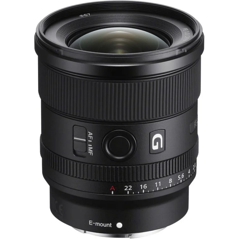Sony FE 20mm f/1.8 G lens for E-mount cameras, ideal for wide-angle photography.