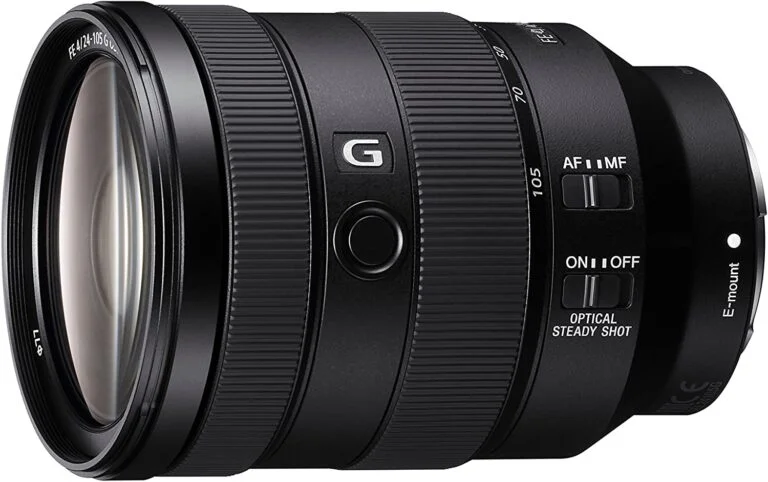 Sony FE 24-105mm f/4 G lens for mirrorless cameras, versatile zoom for photography enthusiasts.