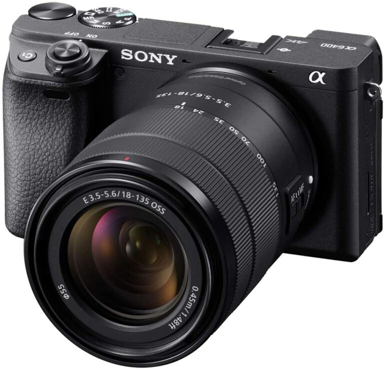 Sony a6400 mirrorless camera with lens, ideal for photography enthusiasts in the UK.