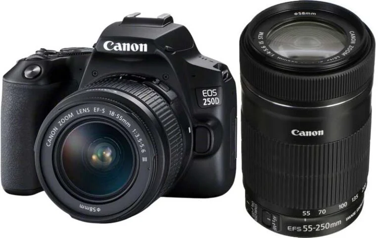 Canon EOS 250D with 18-55mm and 55-250mm lenses, ideal for versatile photography.