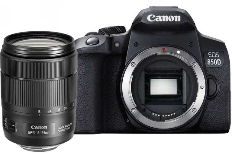Canon EOS 850D camera body with 18-135mm lens, ideal for photography enthusiasts.