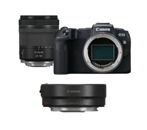 Canon EOS R camera body with lens and mount adapter, available at Camix UK.