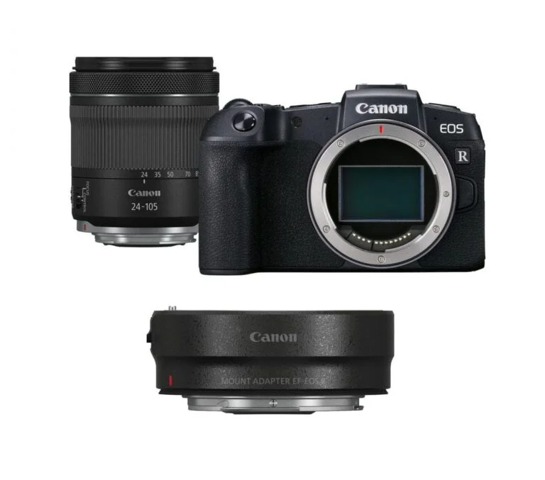 Canon EOS R camera body with lens and mount adapter, available at Camix UK.