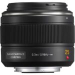 Panasonic 25mm lens with nano surface coating for Micro Four Thirds cameras.