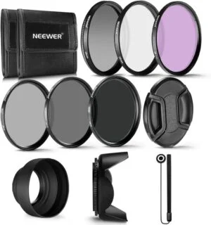 Neewer 58mm lens filter kit with hood, cap, and pouch for cameras.