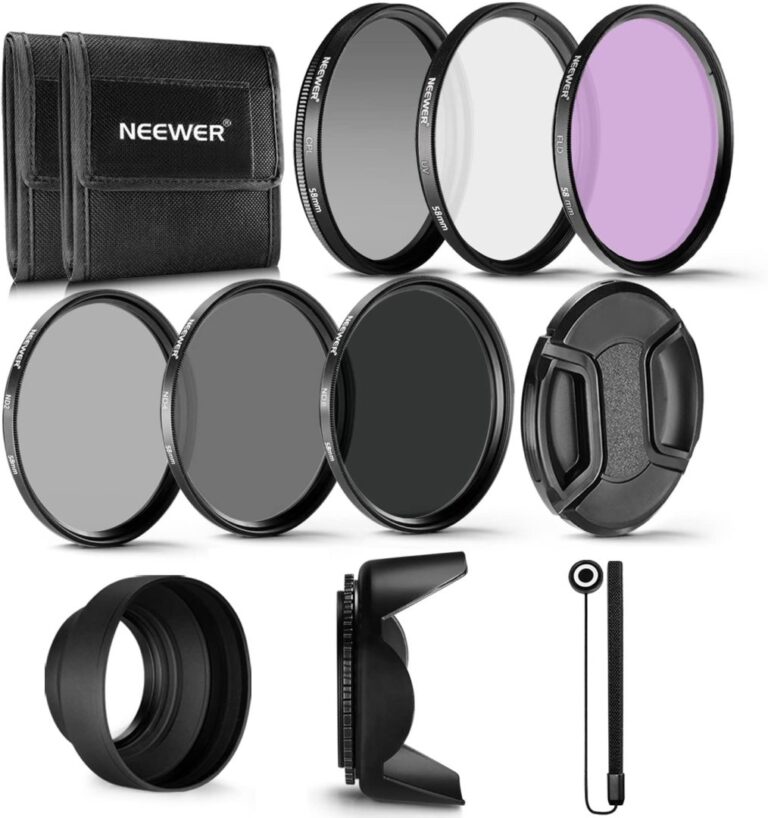 Neewer 58mm lens filter kit with hood, cap, and pouch for cameras.