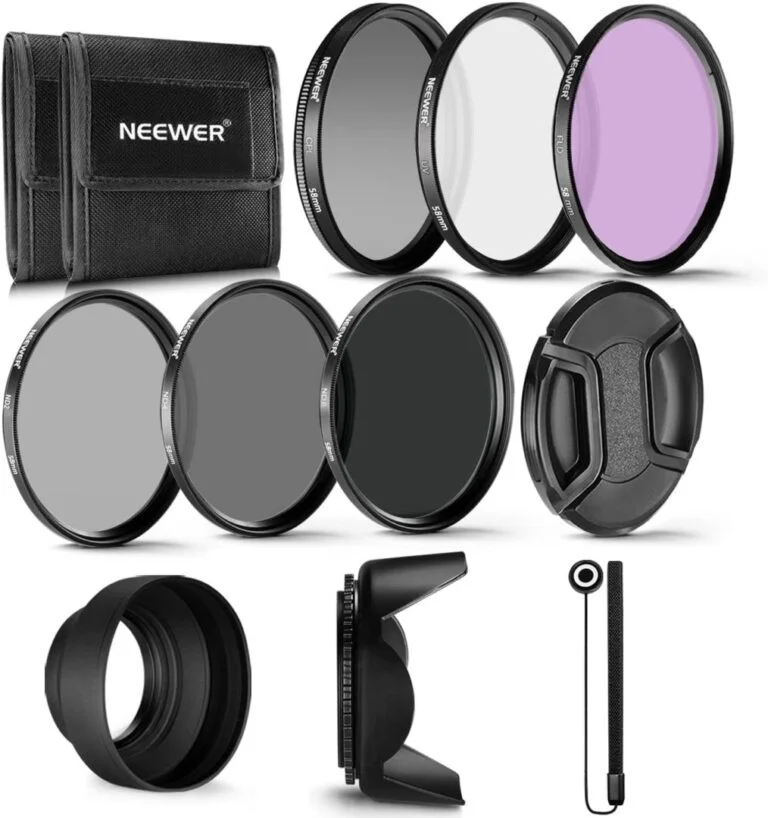 Neewer 58mm lens filter kit with hood, cap, and pouch for cameras.