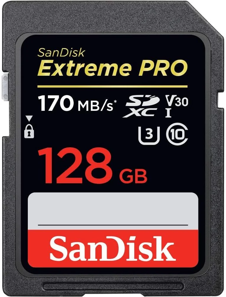 SanDisk Extreme PRO 128GB SD card for high-speed photography and video.
