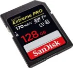 SanDisk Extreme PRO 128GB SD card for high-speed photography and video.