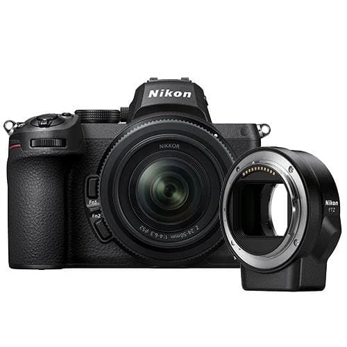 Nikon Z5 mirrorless camera with FTZ adapter and 24-50mm lens, available at Camix UK.