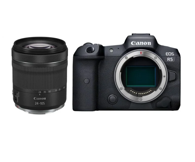 Canon EOS R5 camera body with 24-105mm lens, ideal for professional photography.