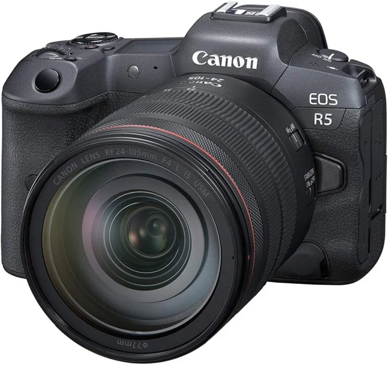 Canon EOS R5 with 24-105mm lens, mirrorless camera for professional photography.