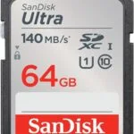 SanDisk Ultra 64GB SDXC memory card, 140MB/s speed, ideal for cameras and camcorders.