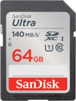 SanDisk Ultra 64GB SDXC memory card, 140MB/s speed, ideal for cameras and camcorders.