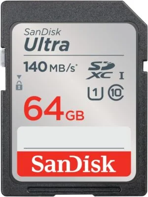SanDisk Ultra 64GB SDXC memory card, 140MB/s speed, ideal for cameras and camcorders.