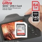 SanDisk Ultra 64GB SDXC UHS-I card for cameras, 140MB/s speed, ideal for photography and video.