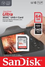 SanDisk Ultra 64GB SDXC UHS-I card for cameras, 140MB/s speed, ideal for photography and video.