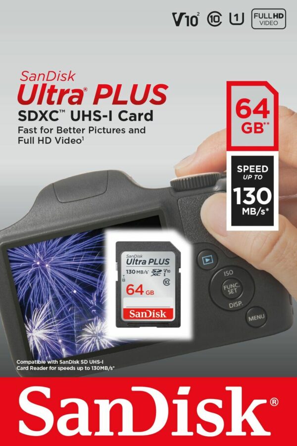 Sandisk Ultra Plus 64GB SDXC Card, V10, 130MB/s