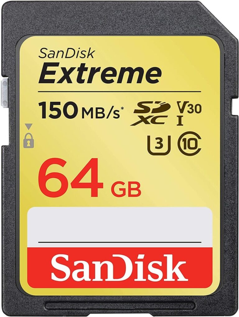 SanDisk Extreme 64GB SD card with 150MB/s speed for cameras.
