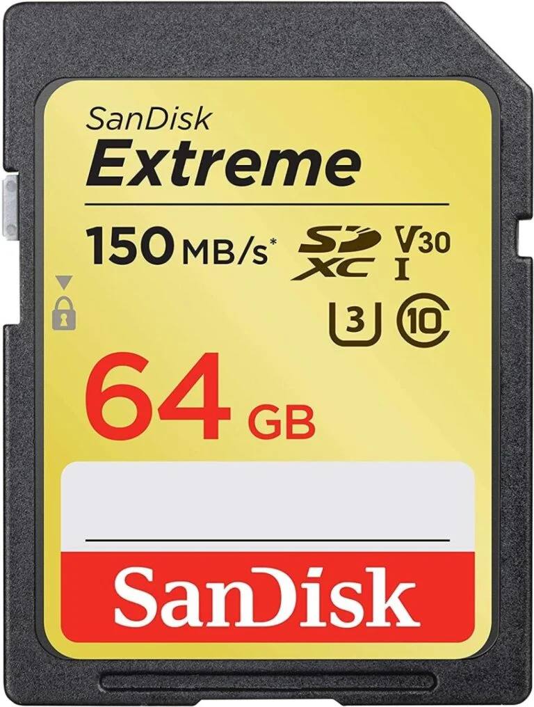 SanDisk Extreme 64GB SD card with 150MB/s speed for cameras.