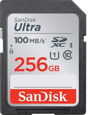 SanDisk Ultra 256GB SDXC memory card, 100MB/s speed, ideal for cameras.