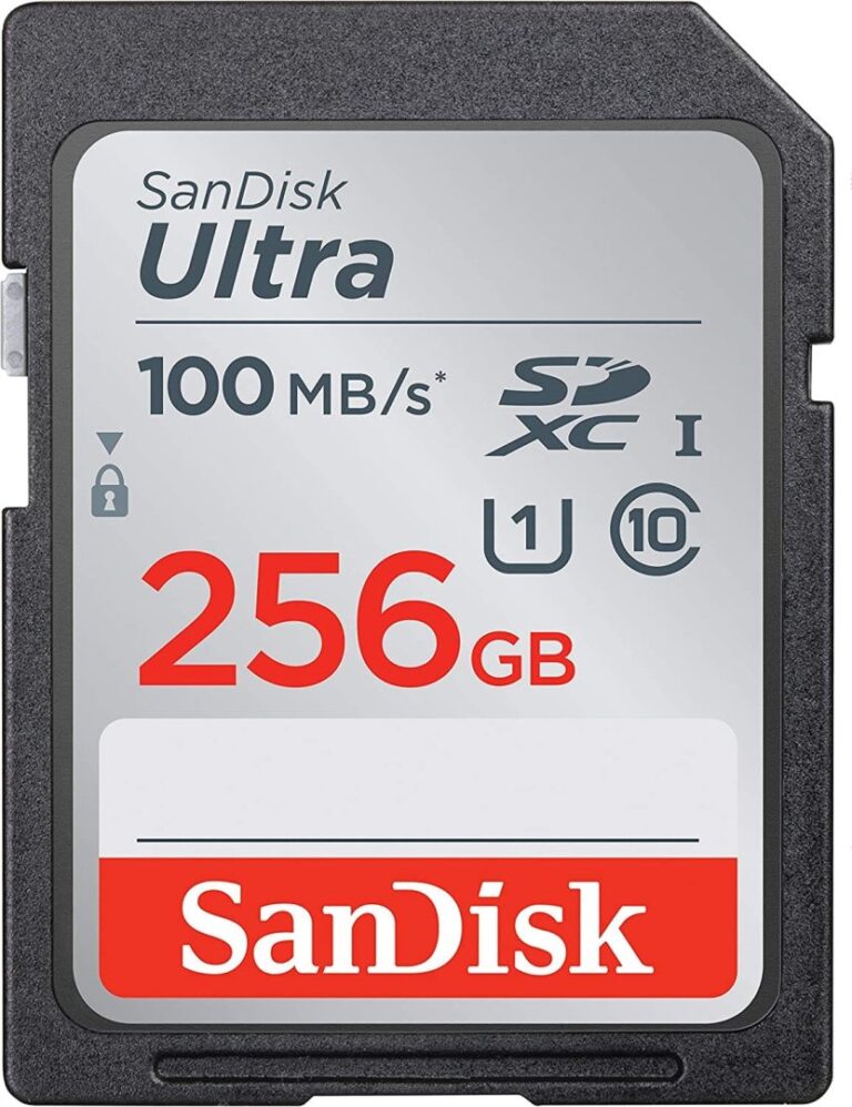 SanDisk Ultra 256GB SDXC memory card, 100MB/s speed, ideal for cameras.